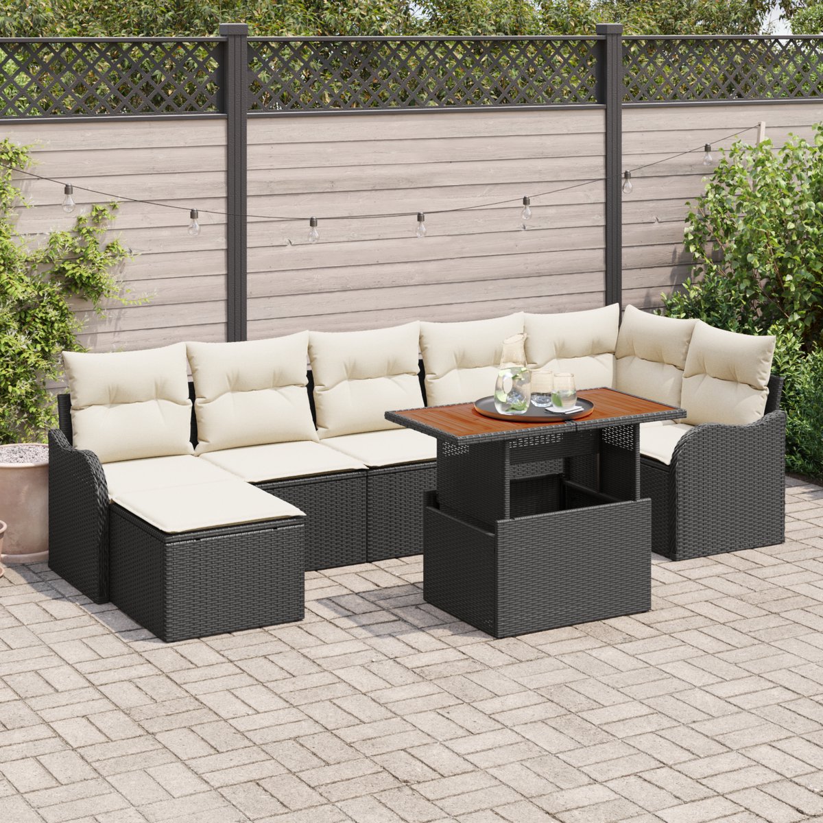 vidaXL - Tuinbank - Set - met - kussen - met - opslag - 8 - pcs - Zwart - en - crème