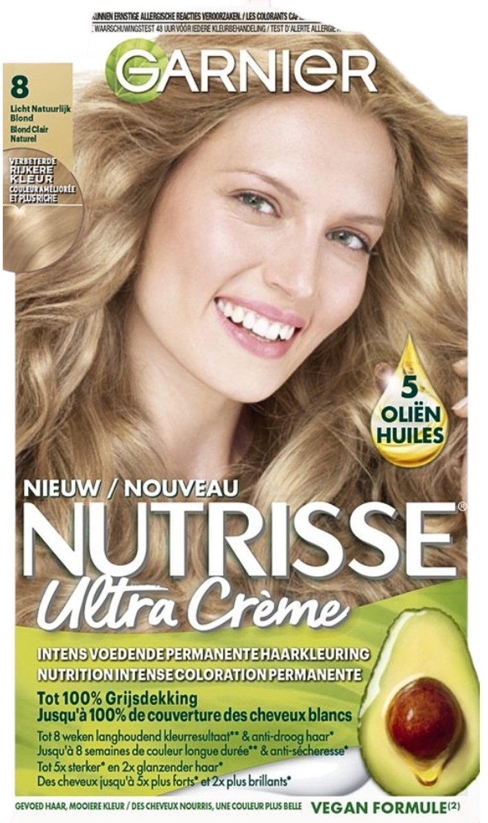 1 x Garnier - Nutrisse Ultra Crème 8 - Haarkleuring - Lichtblond - Intens Voedend - Permanente Kleur - Haarkleuring - Lichtblond - Voedende Haarverf - Permanente Kleur - Grijsdekking