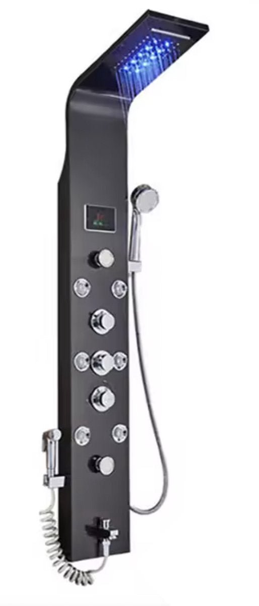 Douchekraan - Regendouche - Douchekop - Douchepaneel - 6 in 1 - Regendouche - Waterval douche - Kraan - Bidet - Massage jet - Handdouche - Waterstroom gevoed - Verlichting en LED display - Zwart
