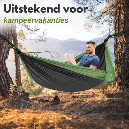 Vertrex Hammock Pro Hangmat met Band en Karabijnhaak voor hangmatten - 270 x 140 cm - Max 200 kg - Groen/Zwart