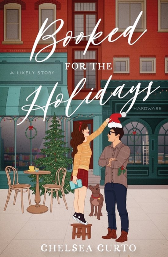 Livre 'Booked for the Holidays' avec un sapin de Noël, un café, des boutiques et deux personnes mettant un bonnet de Noël sur un chien.