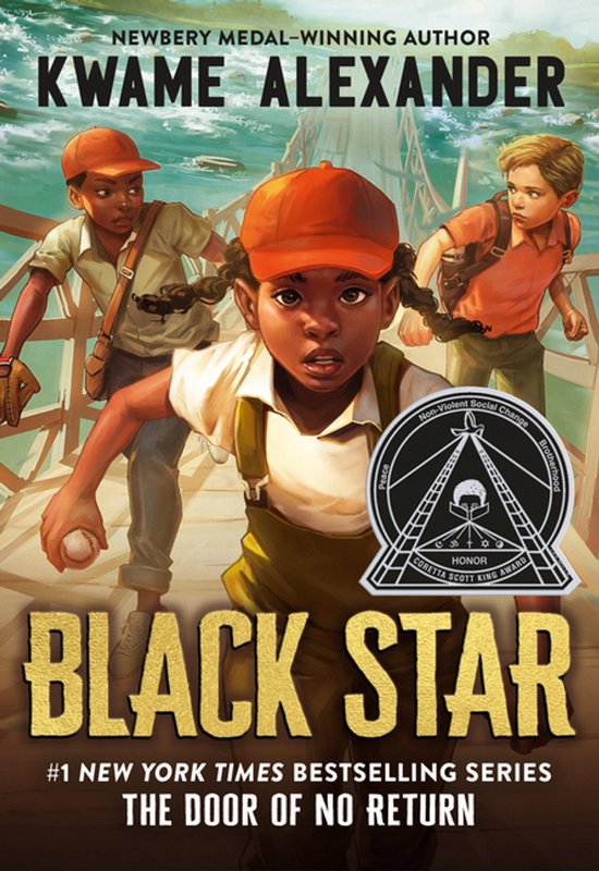 Livre 'Black Star' par Kwame Alexander. Une fille avec une casquette orange et deux garçons, avec une balle de baseball.