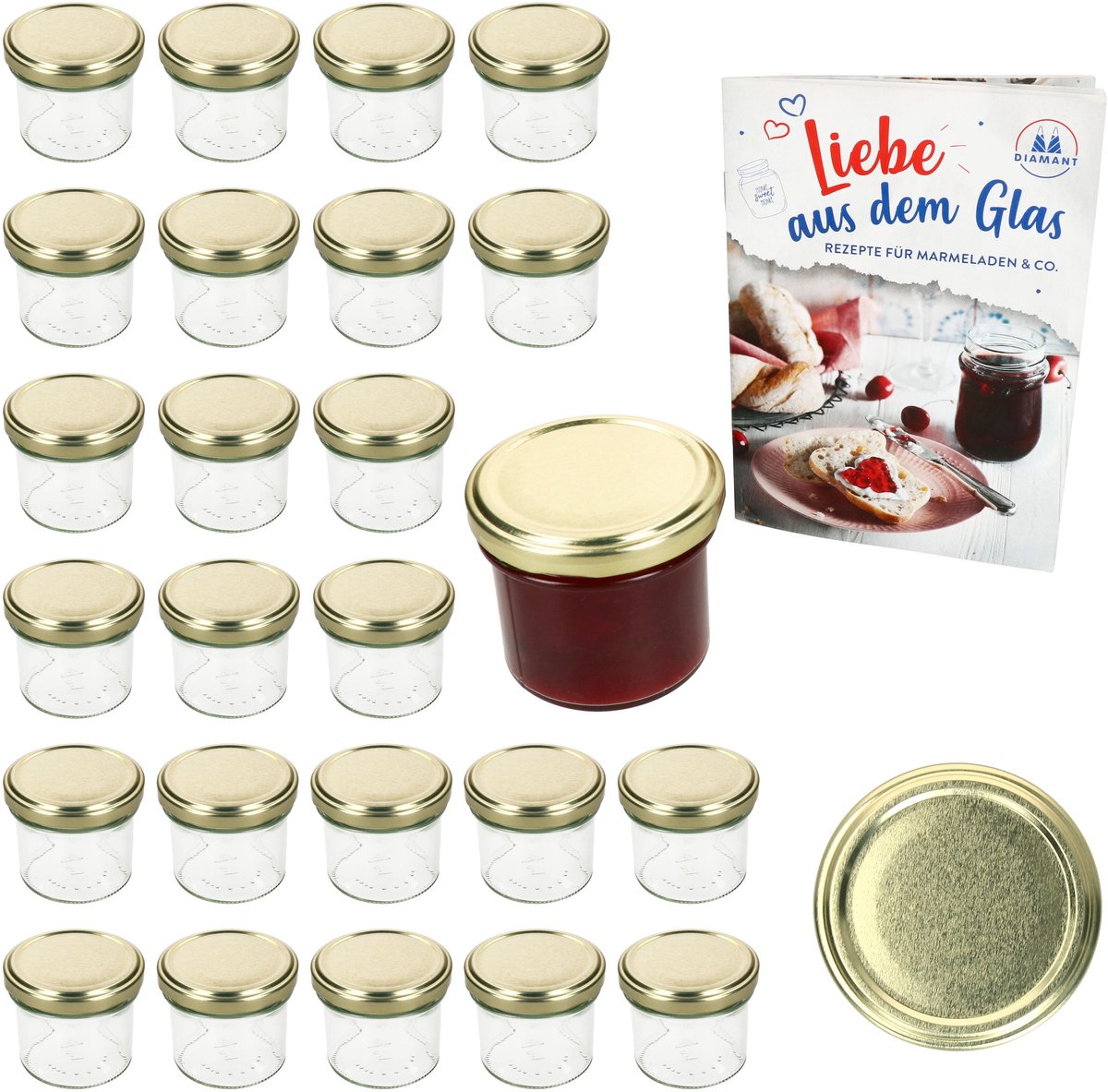 Set van 25 bekers 125 ml jampot inmaakpot Inmaakpot Naar 66 gouden deksel incl. diamanten suiker gelei receptenboekje