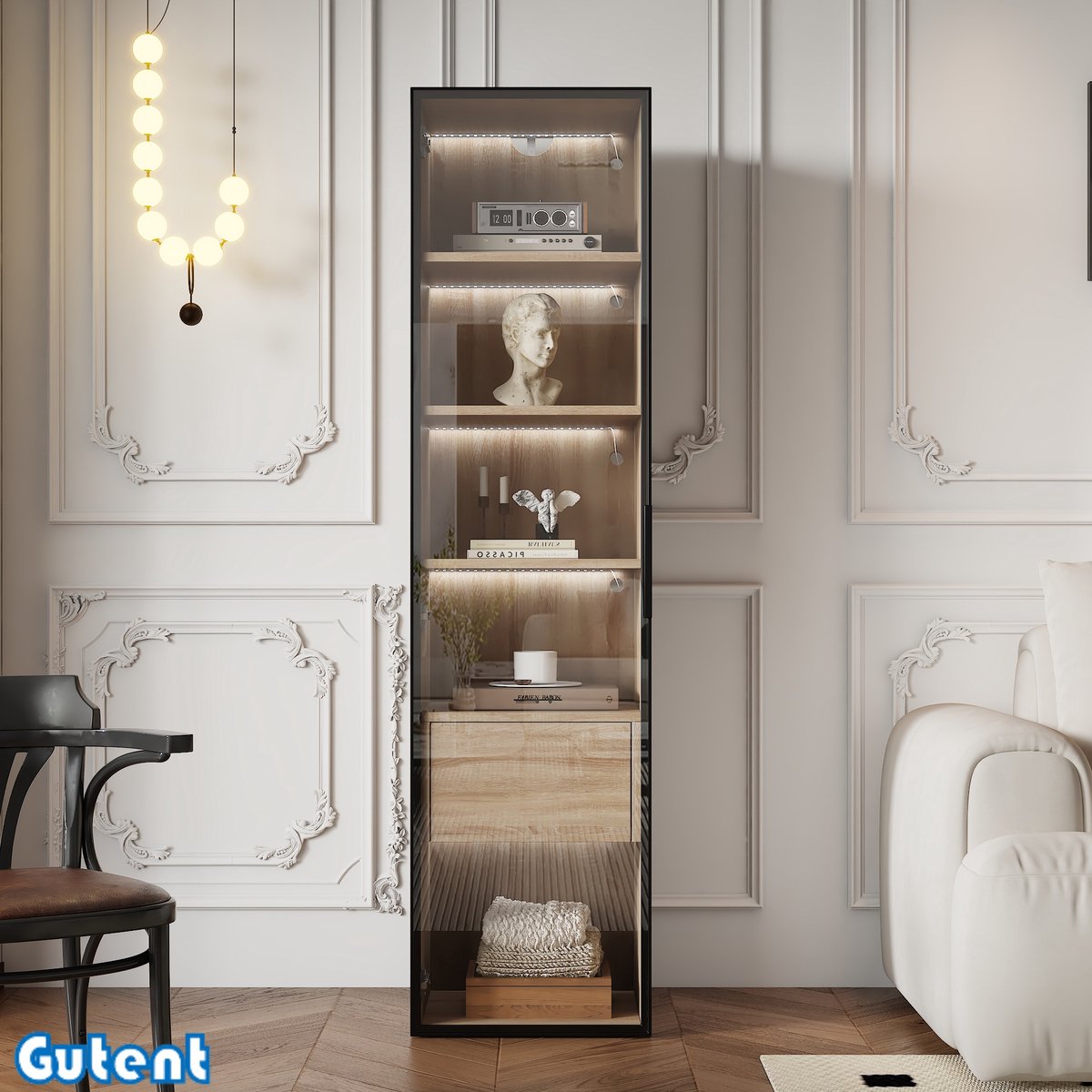 Gutent Vitrinekasten - Badkamerkasten -Met lichtlijst-40 cm breed -Met 1 grote lade en 1 -glazen deur -Houten kleur
