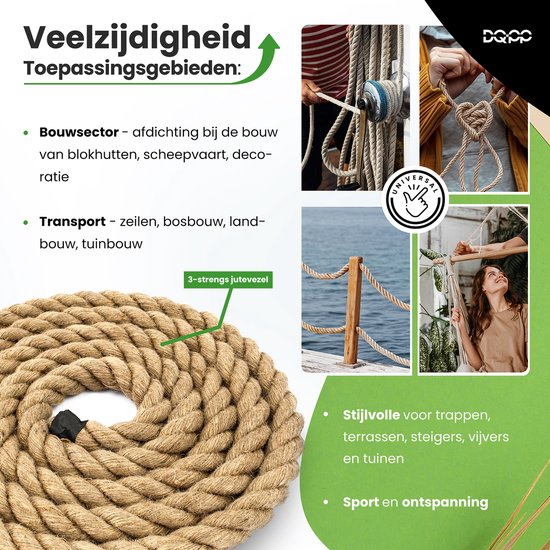 Trois brins de corde en jute brun, 12 mm d'épaisseur. Diverses applications montrées : marine, décoration, jardin et détente.