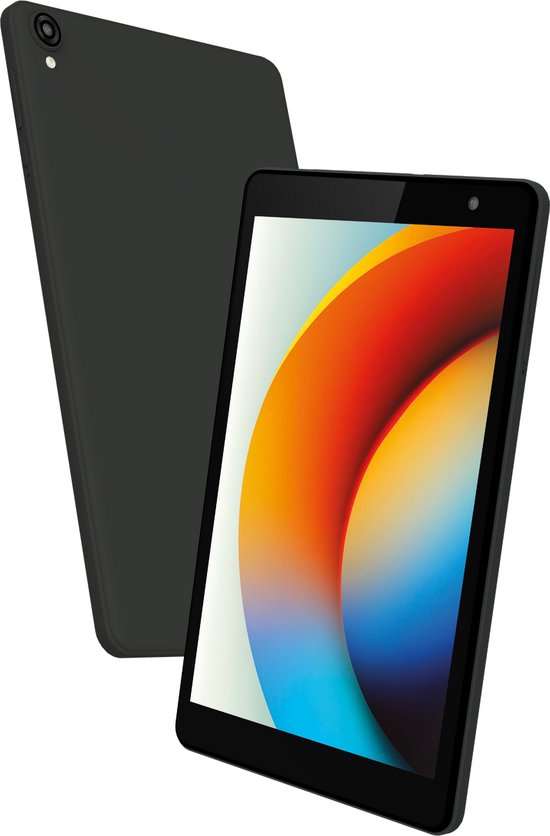 Zwarte tablet met een camera op de achterkant en een felgekleurd scherm.
