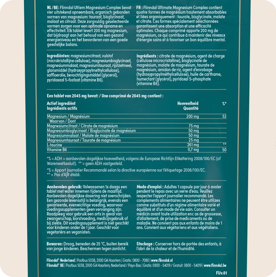 Verpakking met "Ultiem Magnesium Complex" en een pil.