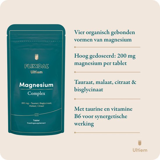 Verpakking van "Flinndal Ultiem Magnesium Complex" met pil en tekst over ingrediënten.