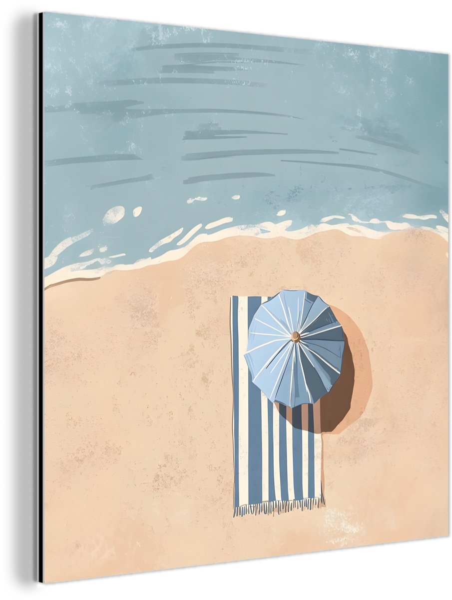 Aluminium schilderij 90x90 cm - Wanddecoratie metaal - Strandlaken - Strepen - Parasol - S