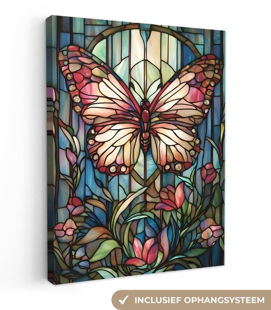 Canvas schilderij 30x40 cm - Exclusieve wanddecoratie Vlinder - Roze - Bloemen - Bladeren - Muurdecoratie woonkamer - Slaapkamer decoratie - Kamer accessoires - Schilderijen op canvas