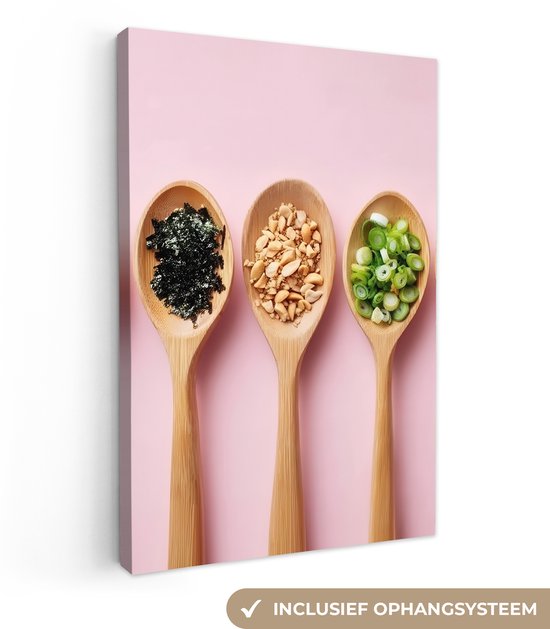 Tableau sur toile 20x30 cm - Décoration murale exclusive - Ingrédients - Cuillères - Bois - Rose - Accessoires de Décoration murale - Décoration murale de Cuisine - Peintures sur toile