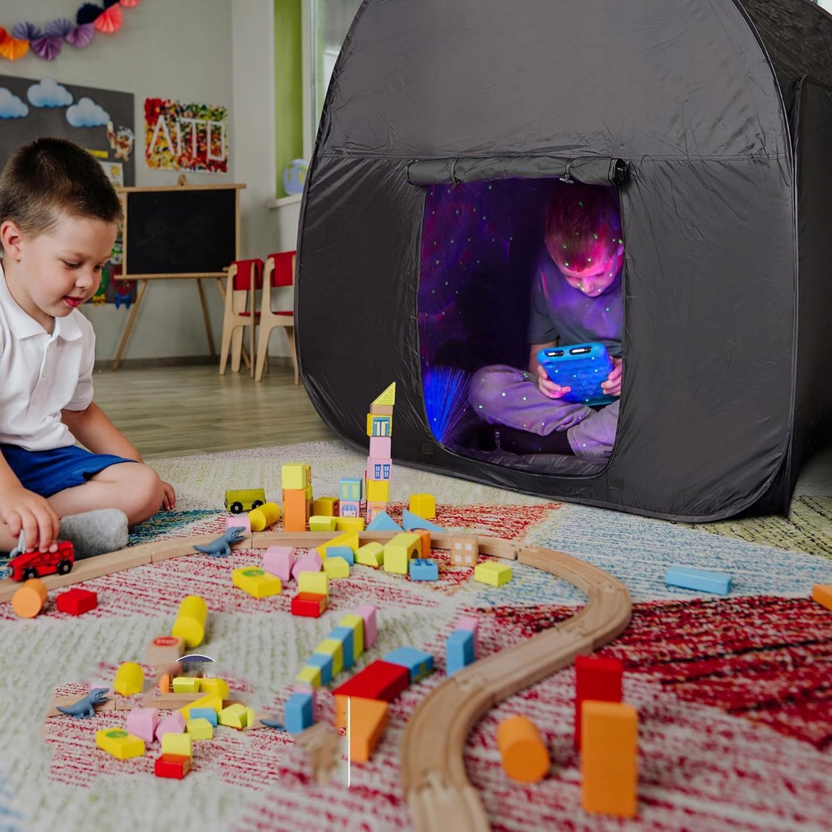 Sensorische Tent - Pop-up Verduisterende Tent - 120x120x120cm Kubus - 20 Seconde Snel Opzetten - Volledig Afsluitbaar Rustgevend - Draagbaar & Compact 1.65kg - Voor Kinderen & Volwassenen Thuis, Camping & Reizen – foto 7