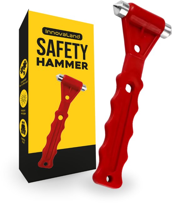 Innovaland - Marteau de sécurité pour voiture - Rouge - 1 pièce - Avec support - Marteau d'urgence pour voiture - Brise-vitre - Marteau - Voiture - Marteaux de sécurité