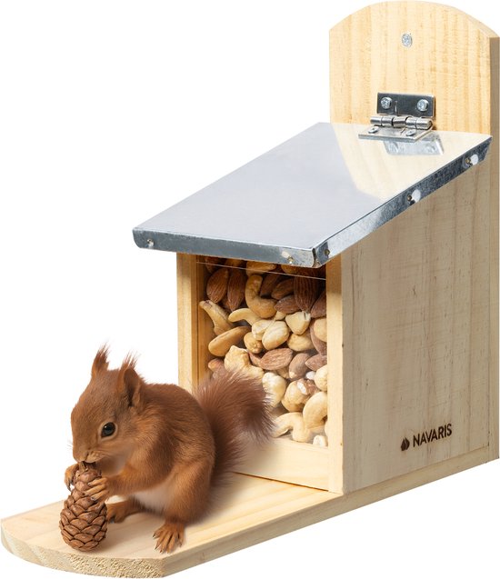Navaris eekhoornhuisje voor in de tuin - Weerbestendig voederhuis - Voedselkastje voor eekhoorns - Eekhoorn voedselhuisje van dennehout