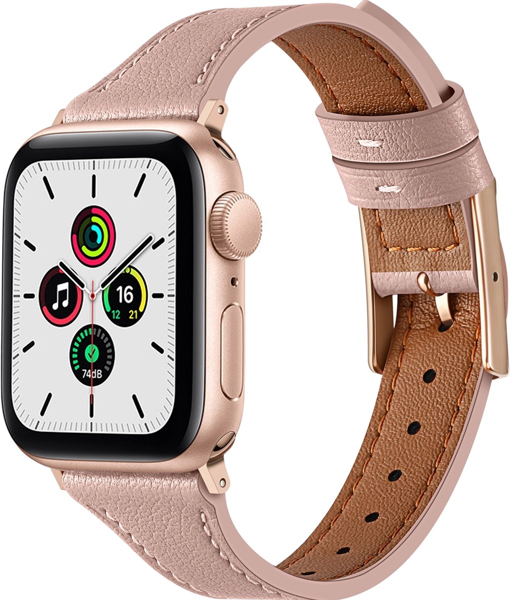 Mobigear Leren Watch bandje geschikt voor Apple Watch Bandje Gespsluiting | Mobigear Napoli - 42/41/40/38 mm - Roze