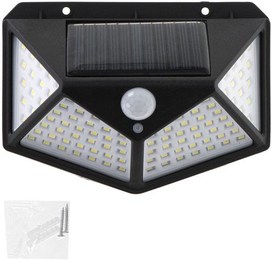 Zwarte buitenlamp op zonne-energie met bewegingssensor en 100 witte LED's. Inclusief schroeven.