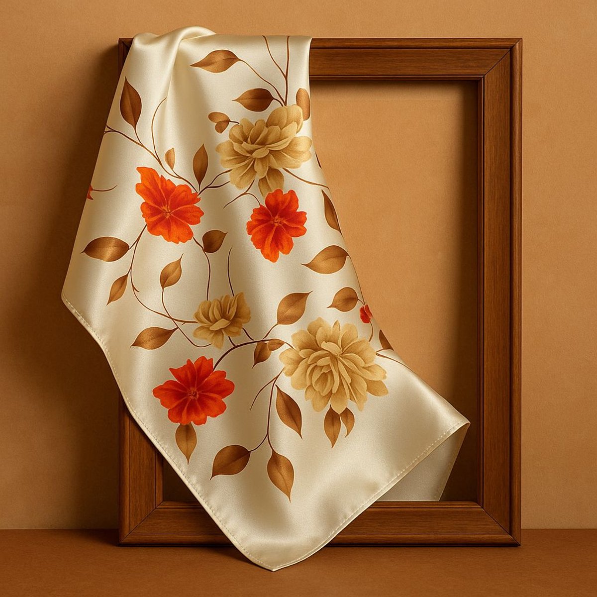 ASTRADAVI Mode Accessoires - Satijnen Sjaal - Lichte en zachte, mooie zomersjaals voor nek of haar - 90 x 90 cm - Bloemig Beige