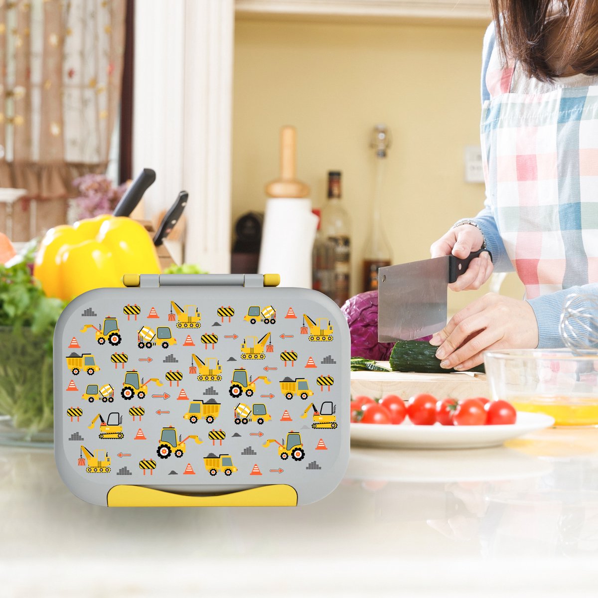BentOH! Bento Box en Brooddoos 2-in-1 voor Kinderen - Trucks - Lekvrij & BPA-vrij – Met 3 Uitneembare Vakken – Magnetron-, Vriezer- & Vaatwasser bestendig — afbeelding 3