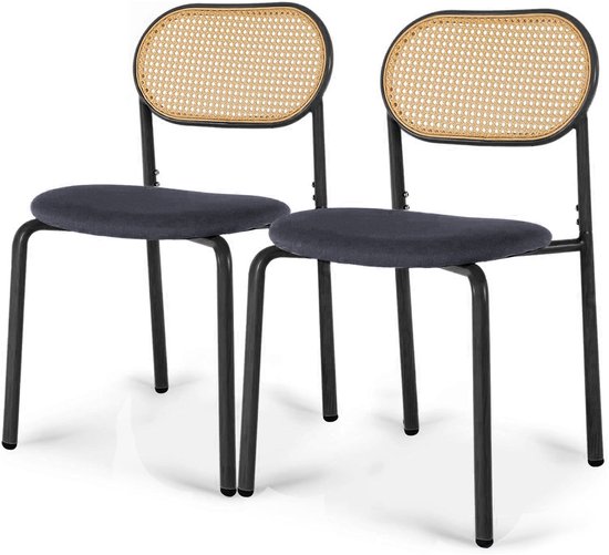 Set de 2 Chaises de salle à manger en osier avec assise rembourrée, structure en métal, pour salon, cuisine, salle à manger, noir