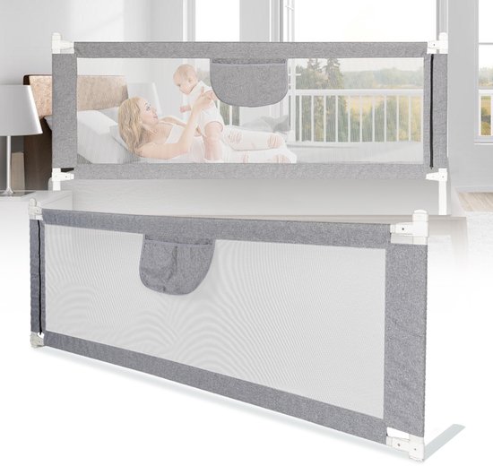 Barrière de lit - Universelle - Extra longue 200 cm - Réglable - Grijs avec filet de sécurité - Bordure de lit - Barrière de lit - Support de lit - Protection antichute Protection antichute - barrière de lit