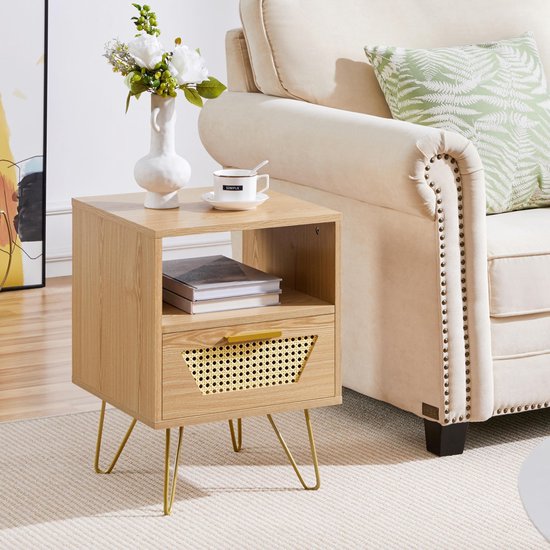 Set de 2 tables de chevet, design en rotin, table d'appoint avec 1 tiroir et 1 compartiment de rangement ouvert, table de chevet, pieds en métal, table de chevet, table de canapé pour chambre/salon, marron clair