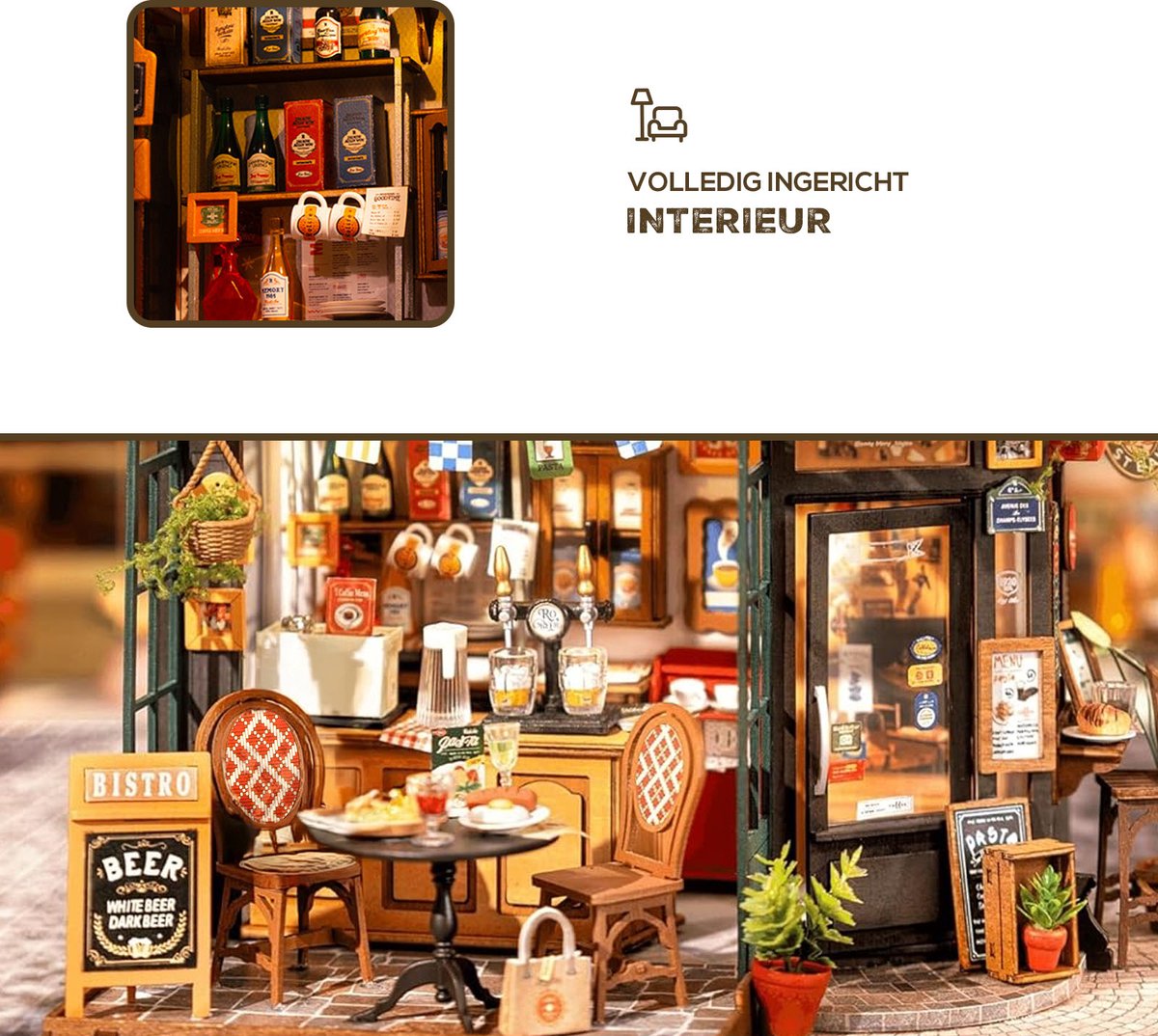 Robotime Rolife Tipsy Restaurant - DG167 - Rolife - DIY Miniatuur - Knutselen - Miniatuurhuisje — afbeelding 3