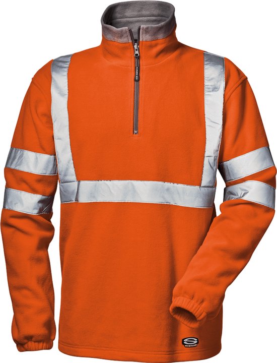 Oranje sweatshirt met halfrits, grijze kraag en reflecterende banden op borst, rug en mouwen.