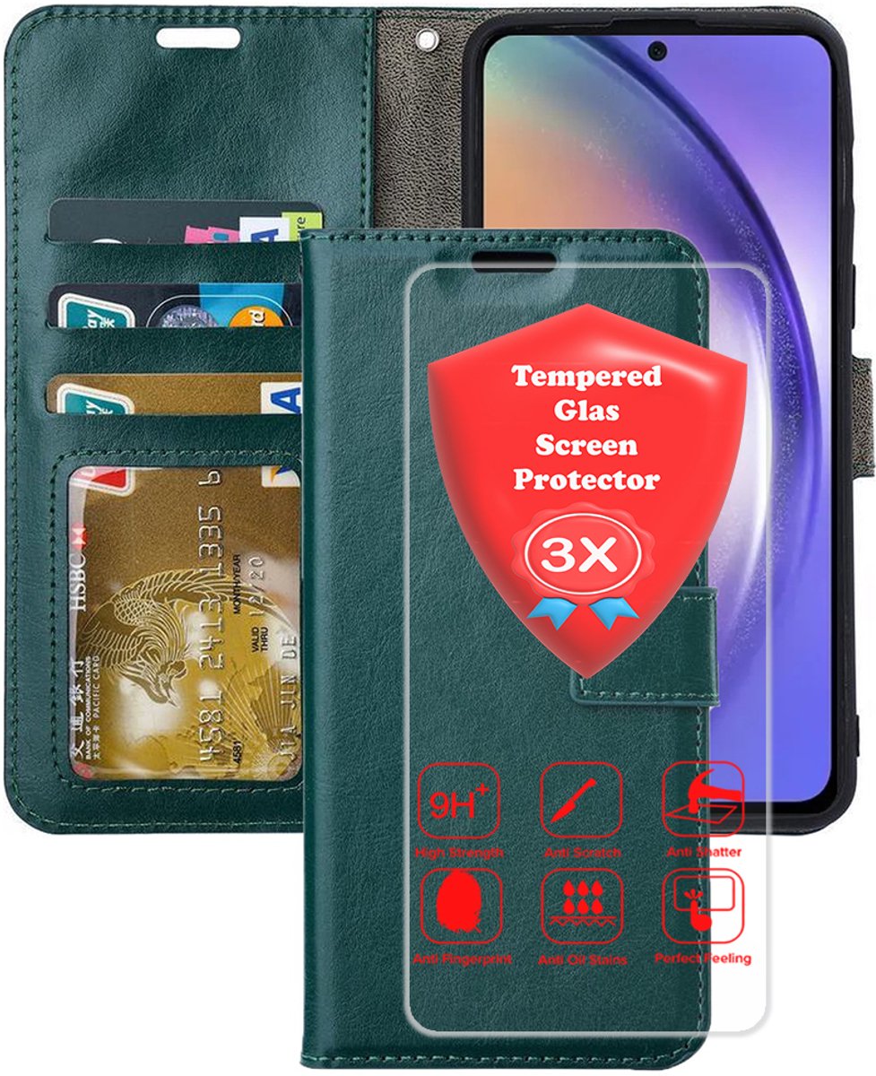 Bookcase Geschikt voor: Samsung Galaxy A17 5G & Samsung Galaxy A26 Groen - Portemonnee hoesje met 3x Glas Screen protector - Book Cover