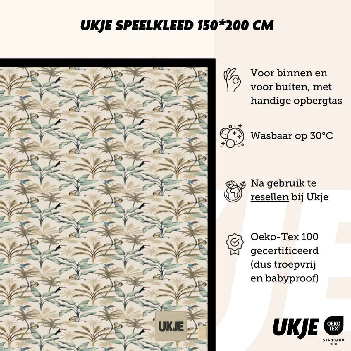 Ukje Speelmat Baby - Speelkleed Baby 150 bij 200 cm - Antislip - Speeltapijt - Met gratis opbergtas - Playmat - Babygym - Opvouwbaar - Oeko-Tex Gecertificeerd - Beige Jungle – foto 3