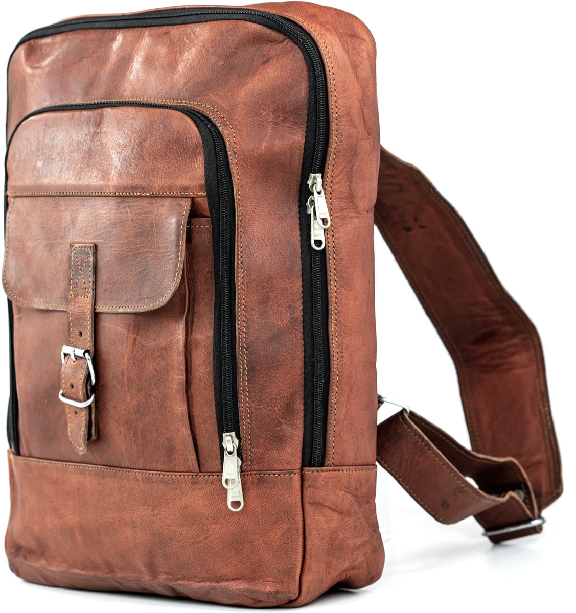 Rugzak “Urban Vintage” Echt Leer – Ruwe Leder Rugtas - Cognac Bruin - 34 x 38 x 10 cm – A4 documenten / Laptop 15 inch – Lota Model