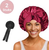 Averla Royal Duo - Luxe Silk Bonnet - Met Strik - Set Van 2 - Ademend - Anti-Pluis & Klit - Satijnen Slaapmuts - Rood & Zwart