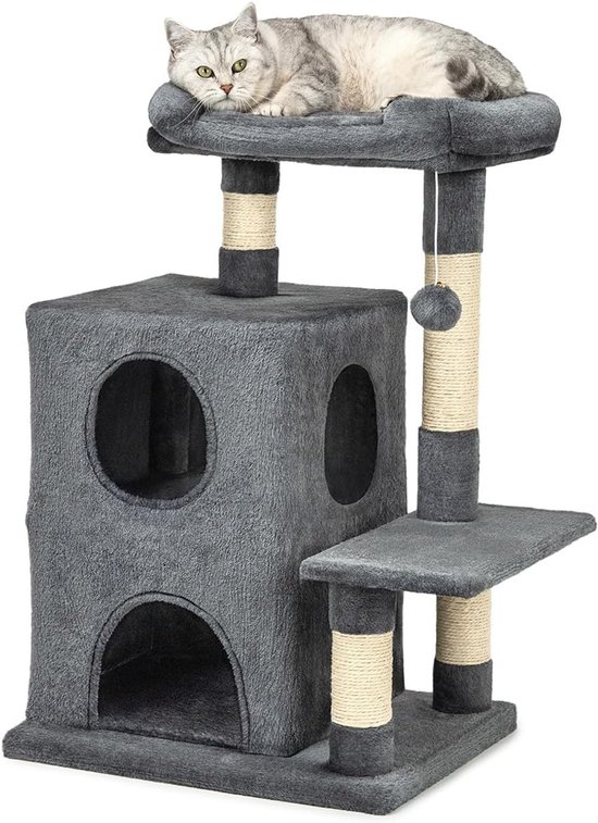 Lionto Krabpaal Voor Katten Met 2 Grotten & Comfortabele Ligplaats Hoogte 80 Cm Kattenboom Pluchen Bal Incl Belletje Sisaltouw Pluche Geschikt Kleine Grote Katten Lichtgrijs 652175261