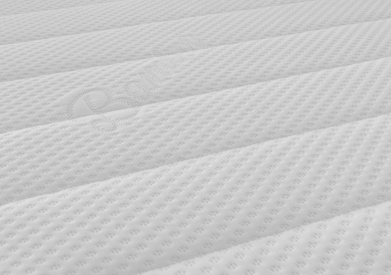 Gedetailleerd patroon van een wit topmatras met zachte ribbels en stippen, inclusief een ingeweven Easy Bedden logo.