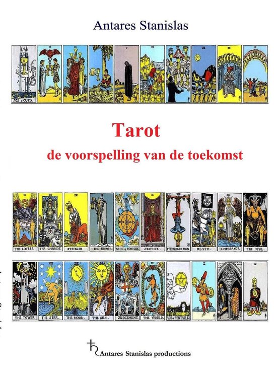 Tarot kaarten met afbeeldingen zoals de zot, de Magiër en de Hogepriesteres, met de tekst 'Tarot de voorspelling van de toekomst'.