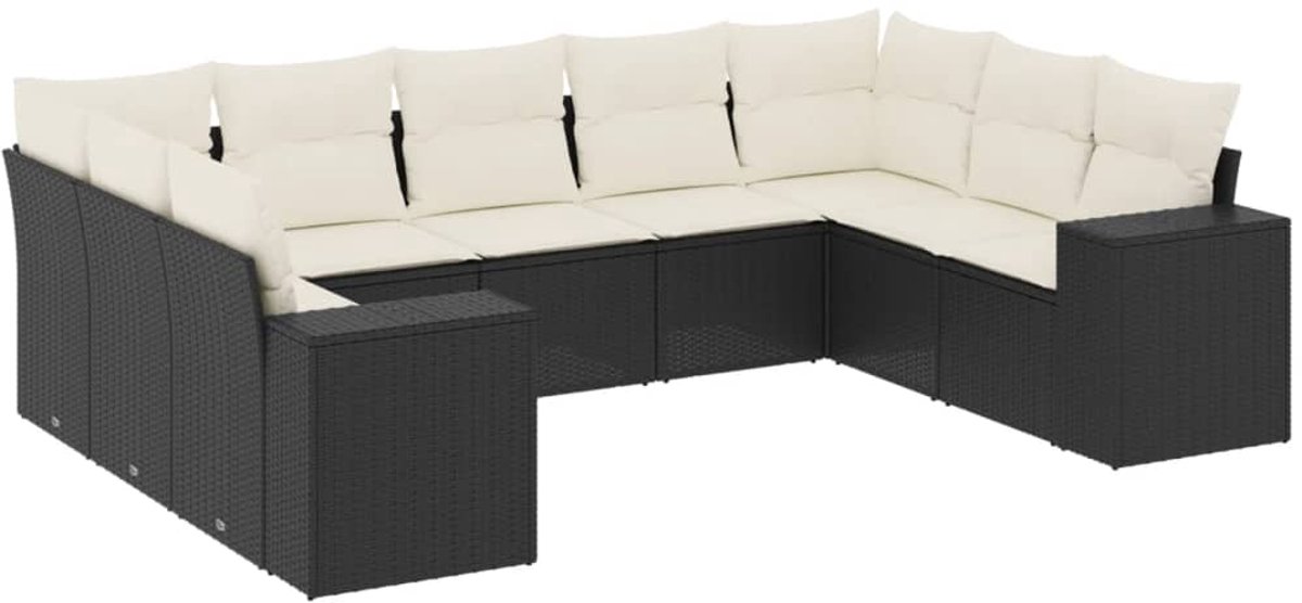 The Living Store 9-delige Loungeset met kussens poly rattan zwart - Loungebank - Lounge Set - Tuinset - Buitendecoratie - Tuinlounge