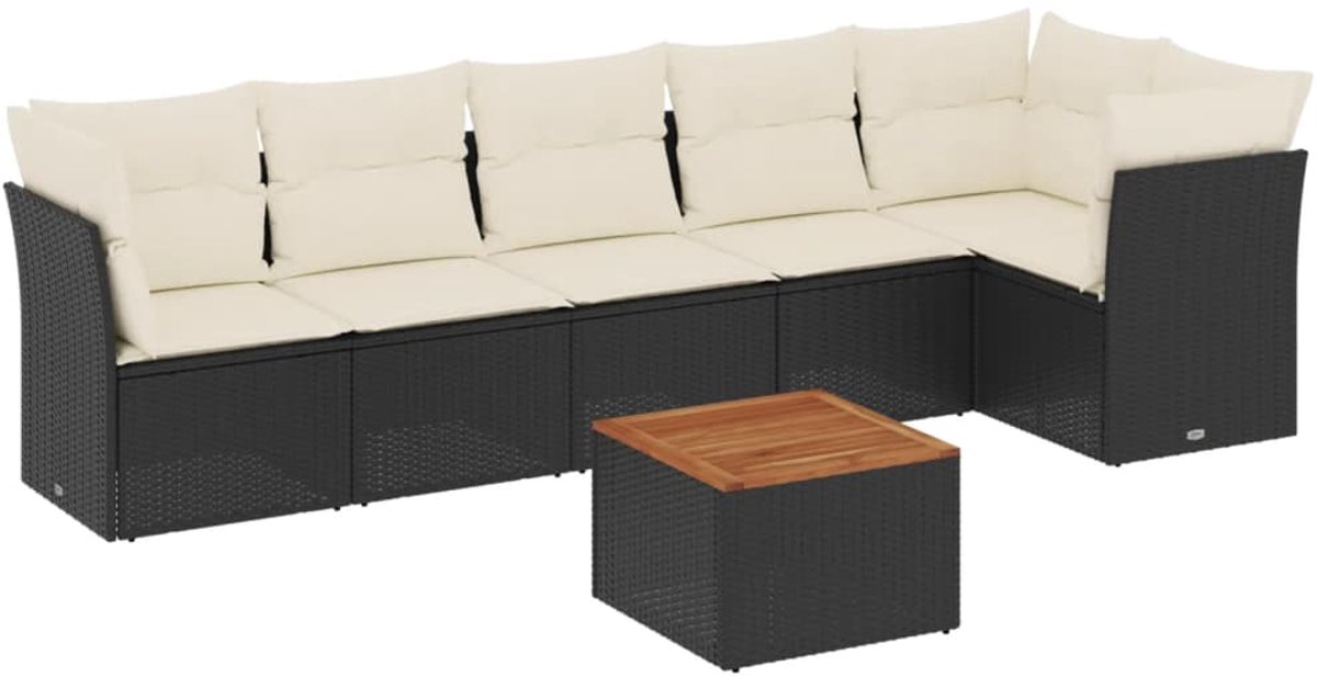 Zwarte poly rattan loungeset met kussens voor tuinmeubels, The Living Store.