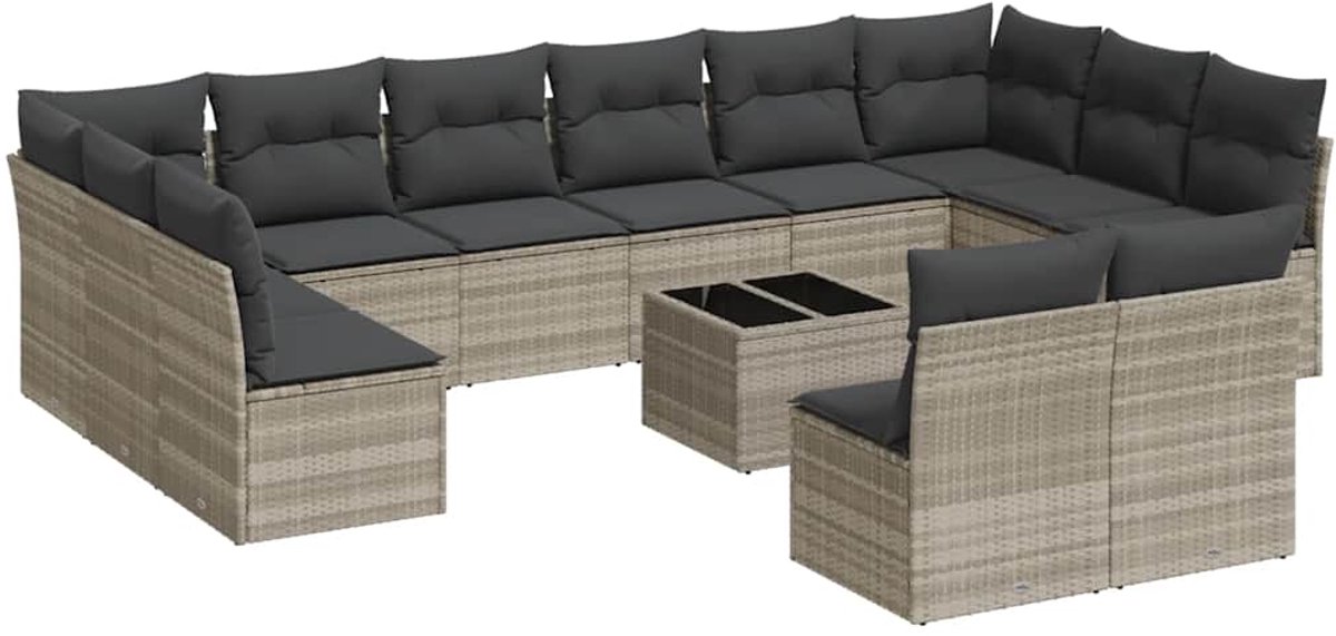 The Living Store 13-delige Loungeset met kussens poly rattan lichtgrijs - Tuinlounge - Lounge Set - Buitendecoratie - Outdoor Furniture - Loungebank