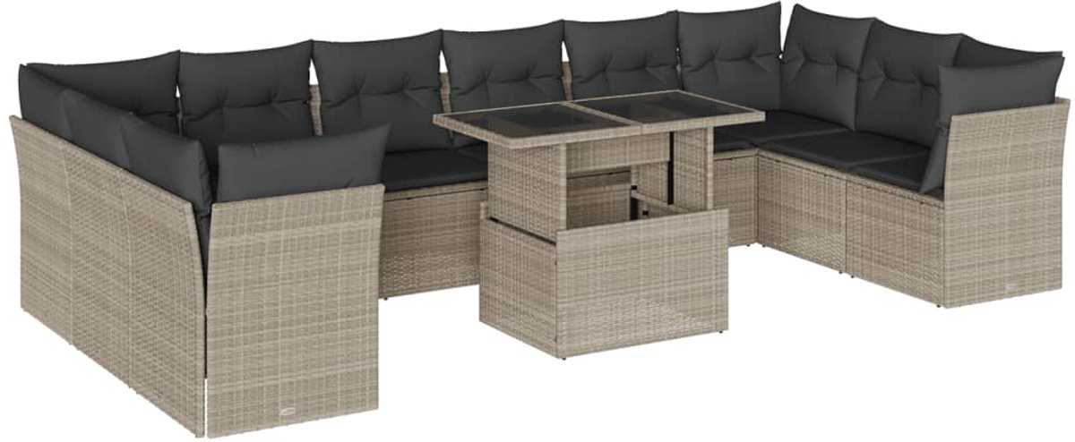 The Living Store 11-delige Loungeset met kussens poly rattan lichtgrijs - Loungebank - Lounge Set - Buitendecoratie - Tuinmeubels - Tuinlounge