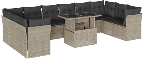 The Living Store 11-delige Loungeset met kussens poly rattan lichtgrijs - Loungebank - Lounge Set - Buitendecoratie - Tuinmeubels - Tuinlounge