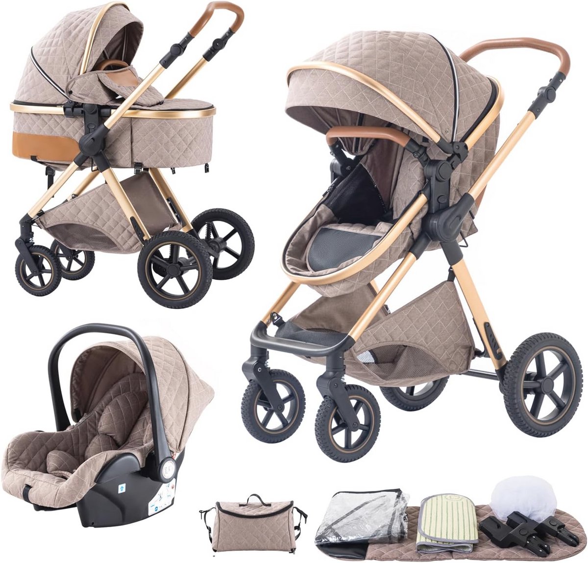 Image of 3-in-1 Luxe Inklapbare Kinderwagen met Hoog Zicht - Geschikt voor Baby's van 0-15 Maanden