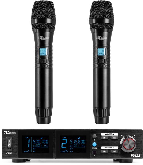 Système de microphone Power Dynamics PD522 avec 2 microphones UHF sans fil - 2 x 100 canaux - Avec étui