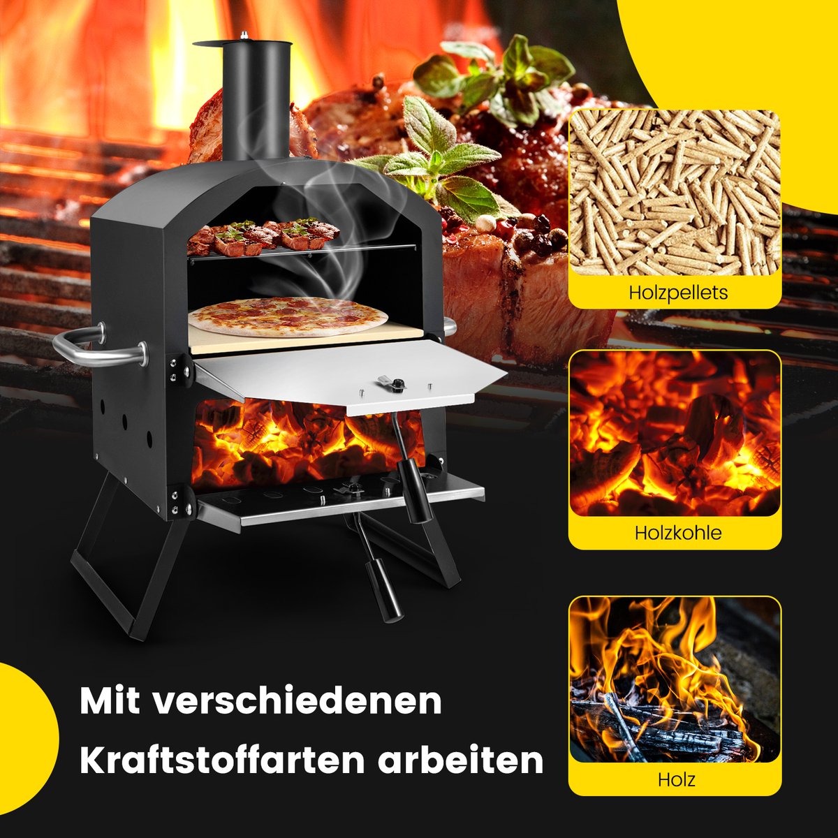 COSTWAY Outdoor pizzaoven, 2-laags pizzaoven met grillrooster, pizzasteen, pizzaschep, waterdichte afdekking, hittebestendige handgrepen en inklapbare poten, voor picknick, feest, camping – foto 8