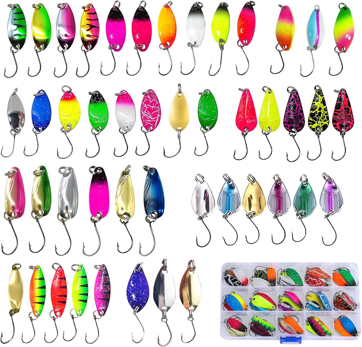Retadou - Forelaas, 46 stuks visaas 2 g/2,5 g/3 g/3,2 g/3,5 g/4,5 g/5 g lokvis, spoons forelset met opbergdoos, spinner knipperlichtset voor baars, snoekbaars, snoek