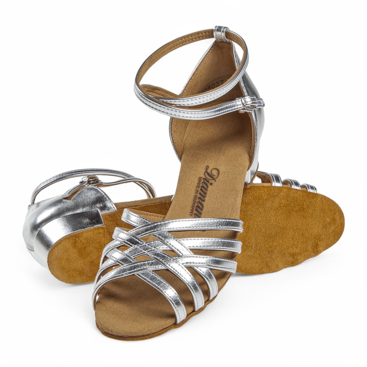Lage Dames dansschoenen 008 - 035 - 013 - Comfortabele Latin Dansschoen - Lage stabile 2,8cm blokhak - Suede zool - Open teen model - Drukknopsluiting - Brede pasvorm - Soepel leer - Latin, Salsa, Bachata - Diamant - Zilver - 42