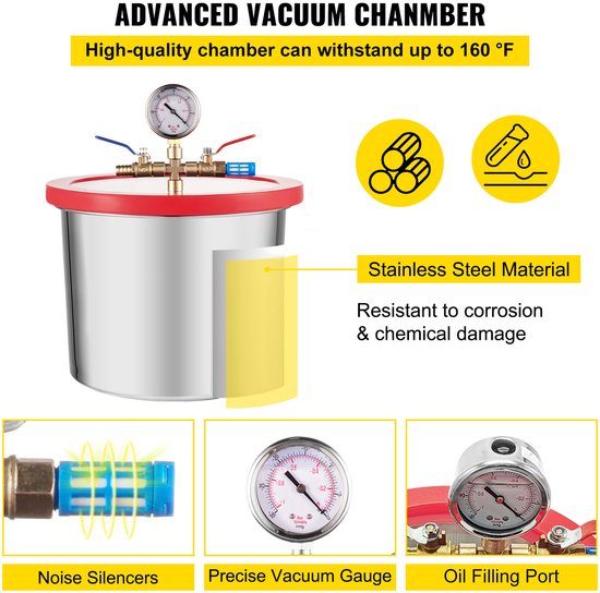 Vacuümpomp 2 gallon 4CFM 1/3HP voor het verwijderen van lucht uit siliconenepoxy, 1440 tpm, AC 230 V, 50 Hz, 5 Pa - 0,05 Mbar, creëert een lagedrukomgeving van Hoteche — afbeelding 4