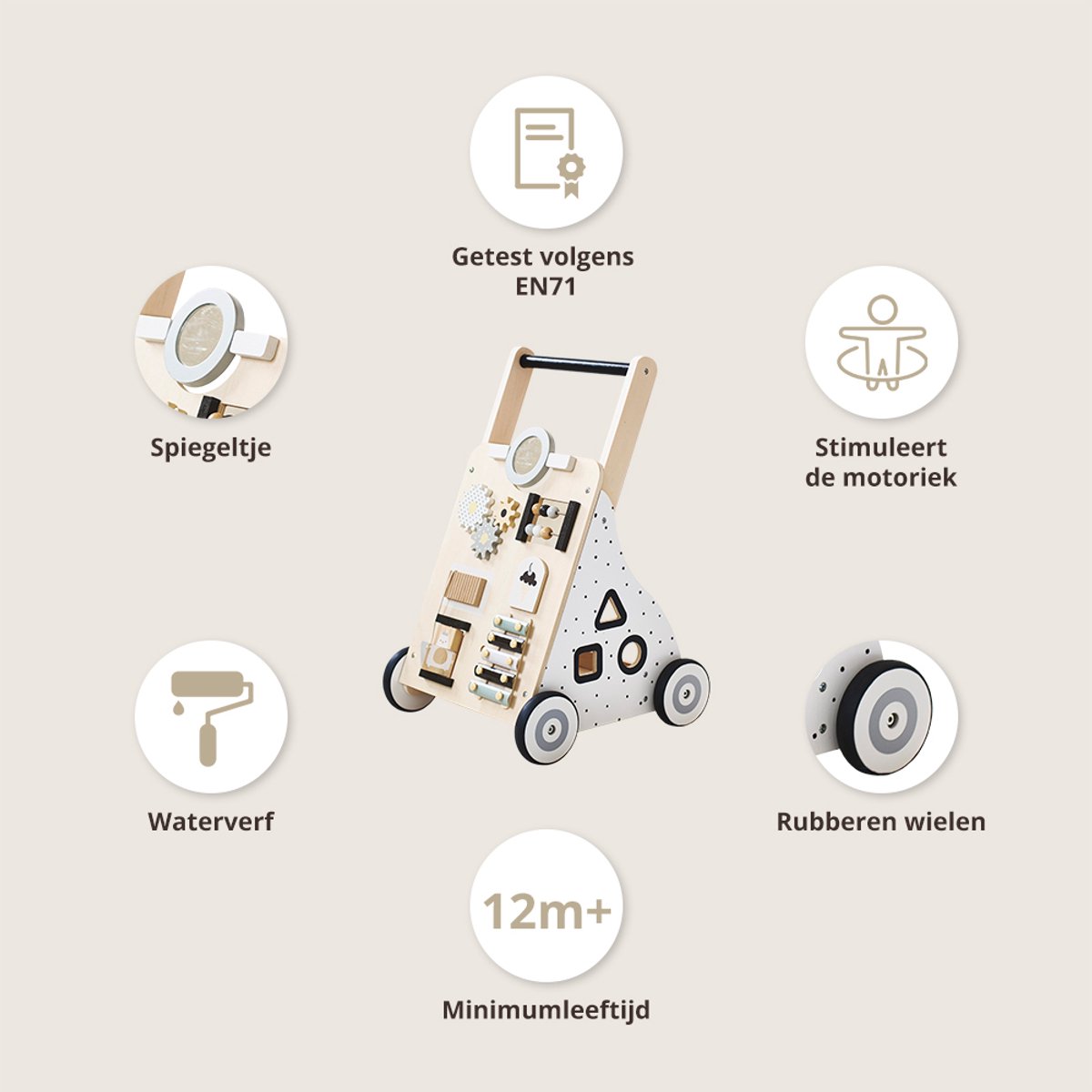 Petite Amélie ® Houten Loopwagen 1 jaar - Babywalker als Looptrainer - Stimuleert Motoriek & eerste Stapjes - Eindeloos Speelplezier (van Xylofoon, Vormenstoof tot Spiegeltje) - Naturel – foto 5