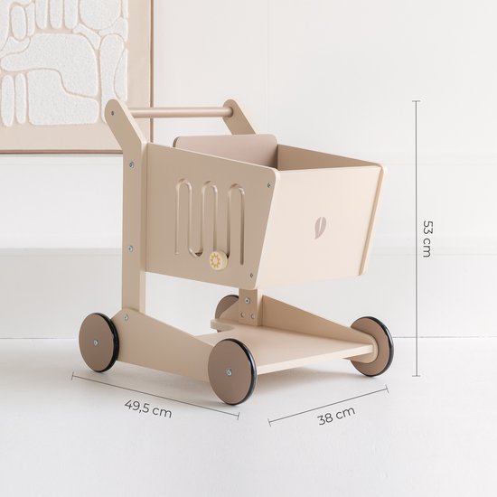 Houten winkelwagen in zandkleur met afmetingen 49,5 cm breed, 38 cm diep en 53 cm hoog.
