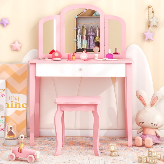 Coiffeuse Enfant En Bois Avec Miroir Et Tabouret - Design Lapin - Marque Costway - Neuf
