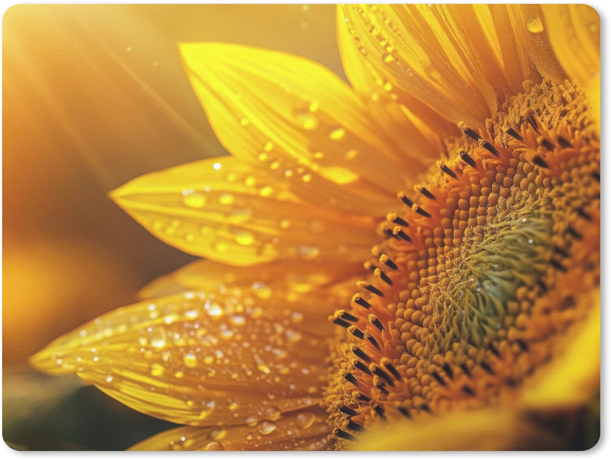 Muismat 23x19 cm - Mousepad Zonnebloem - Dauwdruppels - Geel - Zonlicht - Muismatten