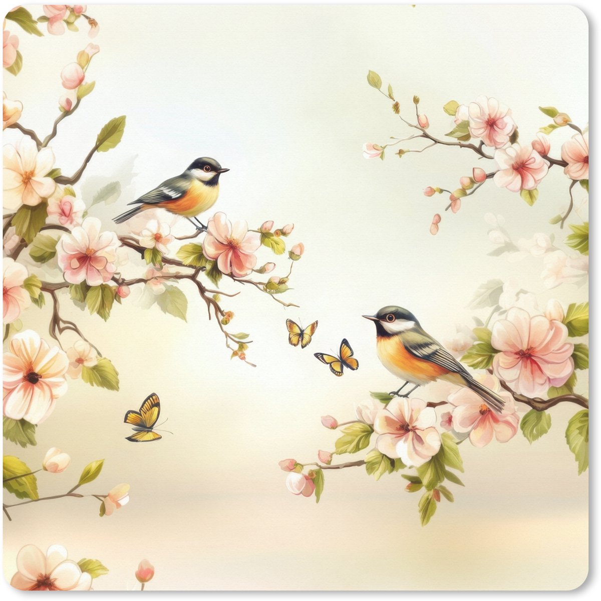 Muismat XXL 50x50 cm - Bureau onderlegger - Bureau mat Takken - Bloemen - Vogeltjes - Roze - Bureaumat - Gaming mousepad xl - Bureaulegger groot - Computer deskmat